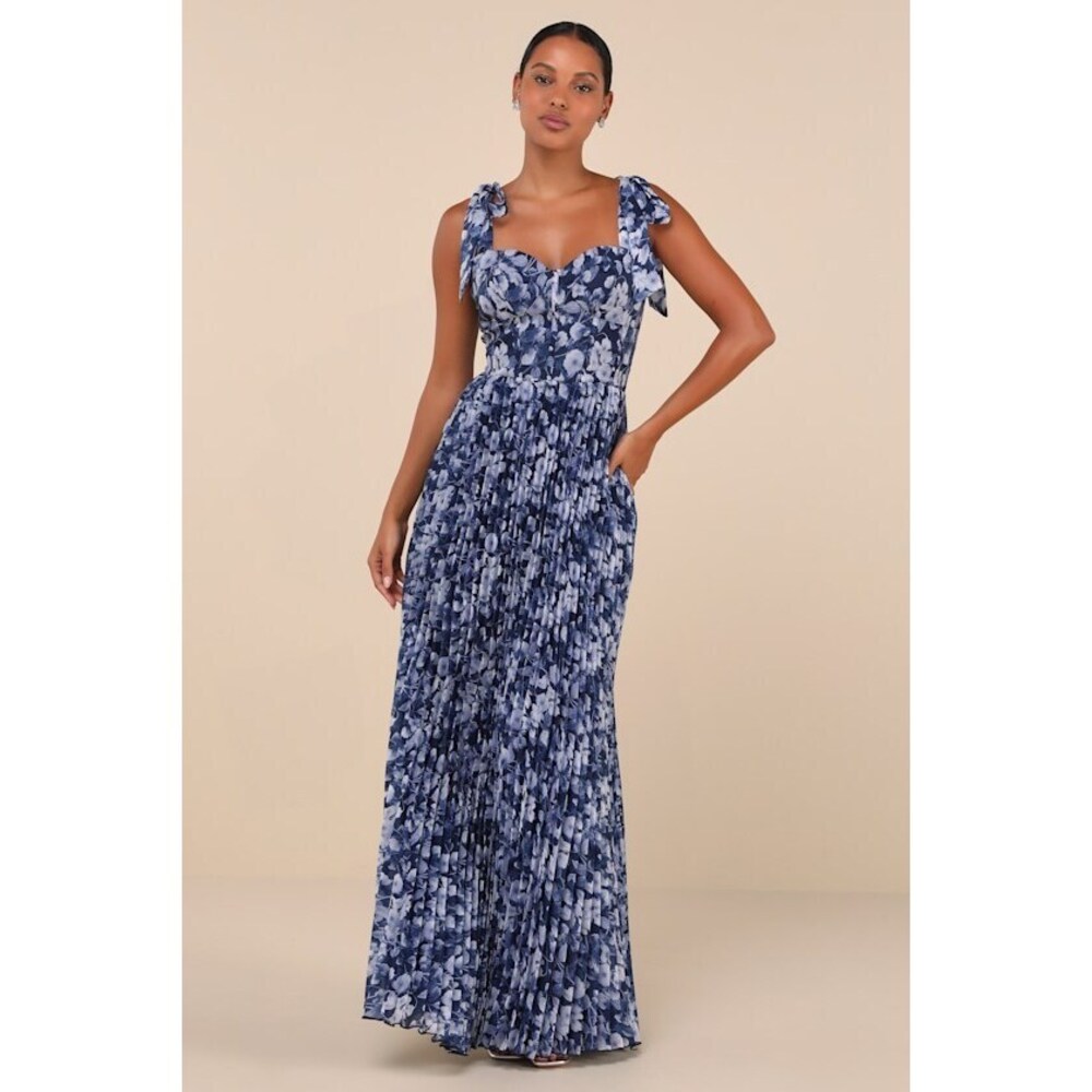 Illustrious Aura Navy Blue Floral Bustier Tie-Strap Maxi Dress